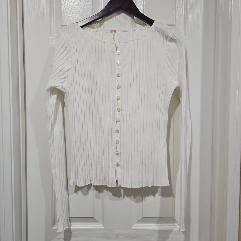 Free People Ribbed Cardigan Cream Button Front Stretch Size L - Picture 7 of 7